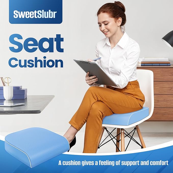 SweetSlubr Seat Cushion for Tailbone Pain Relief, Office Chair Cushion, Memory Foam Large Chair Cushion with Non-Slip Cover for Soft Support at Office Chair, Car Seat, Airplane Light Blue/X-Large