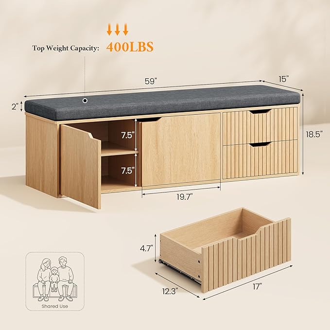 59" Storage Bench with Drawer, 2-Tier Shoe Bench with Doors, Long Entryway Bench, Thickened Cushion, Adjustable Shelf, Fluted Design for Entryway, Bedroom, Living Room, Natural