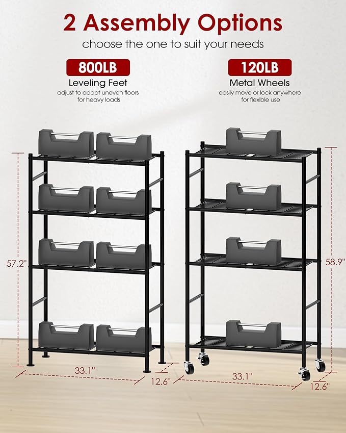 Sakugi Storage Shelves Organizer - 4 Tier Metal Shelf Organizer with Metal Wheels and Adjustable Leveling Feet, Heavy Duty Garage Shelving for Kitchen, Pantry and Closet, 33.1"x12.6"x58.9", Black