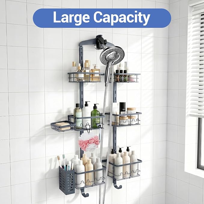 Extra Large Shower Caddy Hanging, Rust-Resistant Shower Organizer Hanging,3 Tier Height-Adjustable Over the Head Caddy,Rack with Soap Basket (Gray)