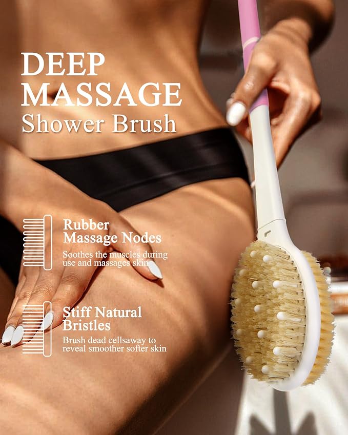 Shower Brush for Massage Dry Brushing: Back Scrubber for Shower with 18.1 in Anti Slip Long Handle - Bath Body Brush for Lymphatic Drainage, Exfoliator Improving Skin Health for Women Men Elderly Pink