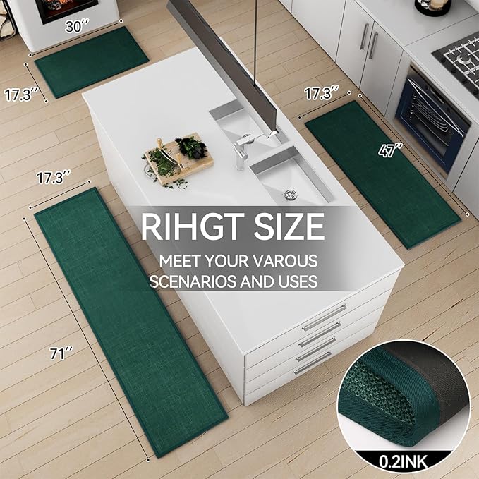 SUMLANS Kitchen Mat Set of 2 PCS, Christmas Cushioned Non Slip Rugs for Kitchen Floor, Absorbent Runner Comfort Standing Mats Washable for Kitchen, Office, Home (Green, 17.3"x47"+17.3"x71")