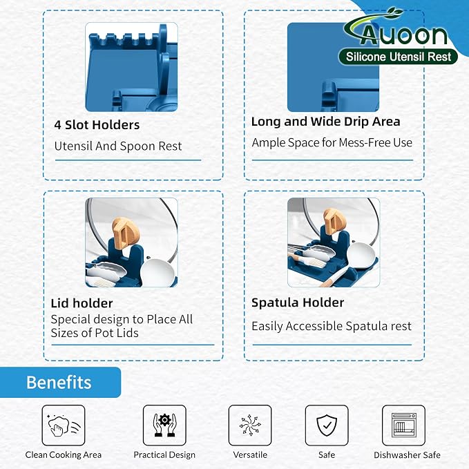 Auoon Silicone Spoon Rest with Lid Holder - 3 in 1 Kitchen Utensil Rest for Soup Ladles, Pot Lids, Spatulas, Spoons, Tongs, BPA Free & Dishwasher Safe, 8.26 x 8.06 Inch (Fog Blue, Large)