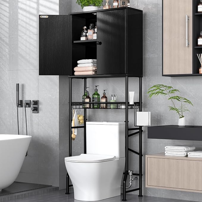 Over The Toilet Storage Cabinet - 2-Door Design Bathroom Organizers Shelf, Freestanding Space-Saver Above Toilet Storage Cabinet with Privacy Protection Rack, Water-Resistant Toilet Shelves (Black)