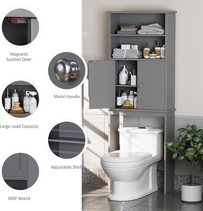 Over the Toilet Storage Cabinet for Bathroom, 75in Over Toilet Cabinet Freestanding Storage Organizer, Space Saver with Doors and Adjustable Shelf, Grey