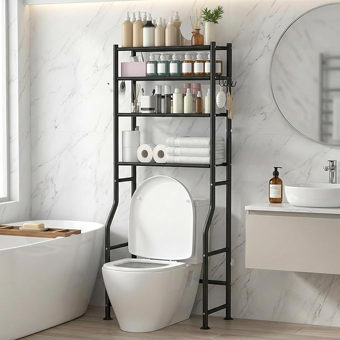GloTika 4-Tier Over Toilet Storage with Anti-Tilt Safety System - 150lb Total Capacity Metal Bathroom Shelves Including Paper Holder & 4 Hooks, Space Saving Above Commode Organizer (64" H, Black)