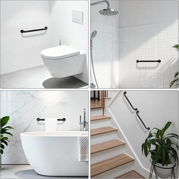 Black Grab Bar 16 Inch, iHansee Anti-Slip Bathroom Grab Bar w/Knurled Grip, Stainless Steel Safety Handrail for Toilet, Bathtub, Shower for Senior Elderly, Wall Mounted Matte Black Handicap Bars