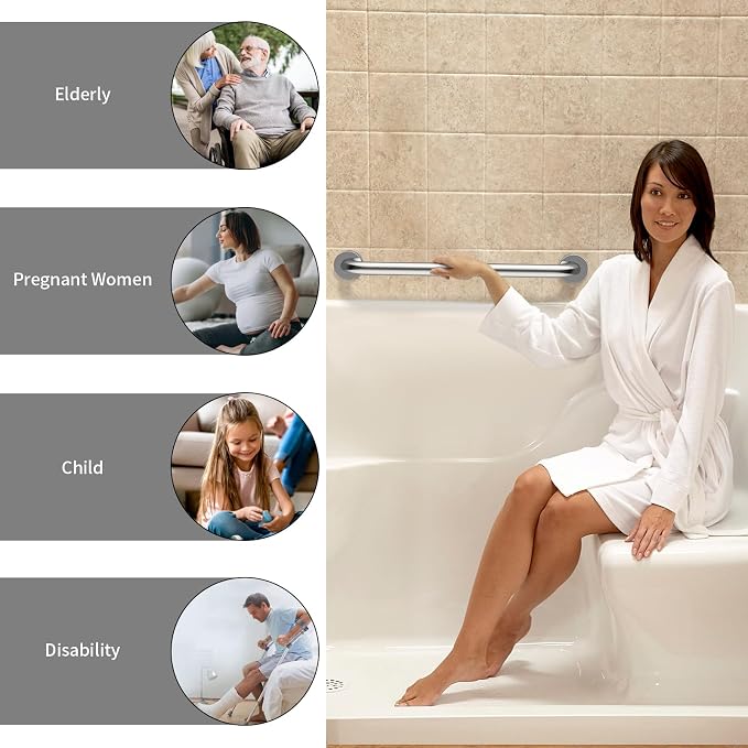 2 Pack 24 Inch Chrome Shower Grab Bar - 1.5" Diameter, ZUEXT Stainless Steel Bathroom Grab Bar Handle, Bathroom Balance Bar, Safety Hand Rail Support, Handicap Injury Elderly Senior Assist Bath Handle