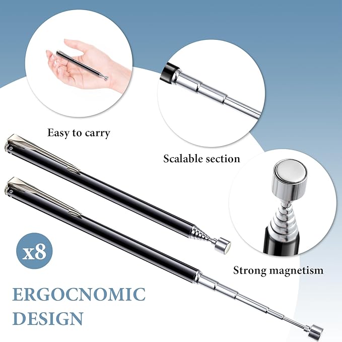 Patelai 8 Pieces Telescoping Magnetic Pick up Tool Grabbers Reacher Tools with Pocket Clip 25 Inch Telescopic Retrieving Magnet Gift for Man, Father, Mechanic, Handyman, Husband (Black)