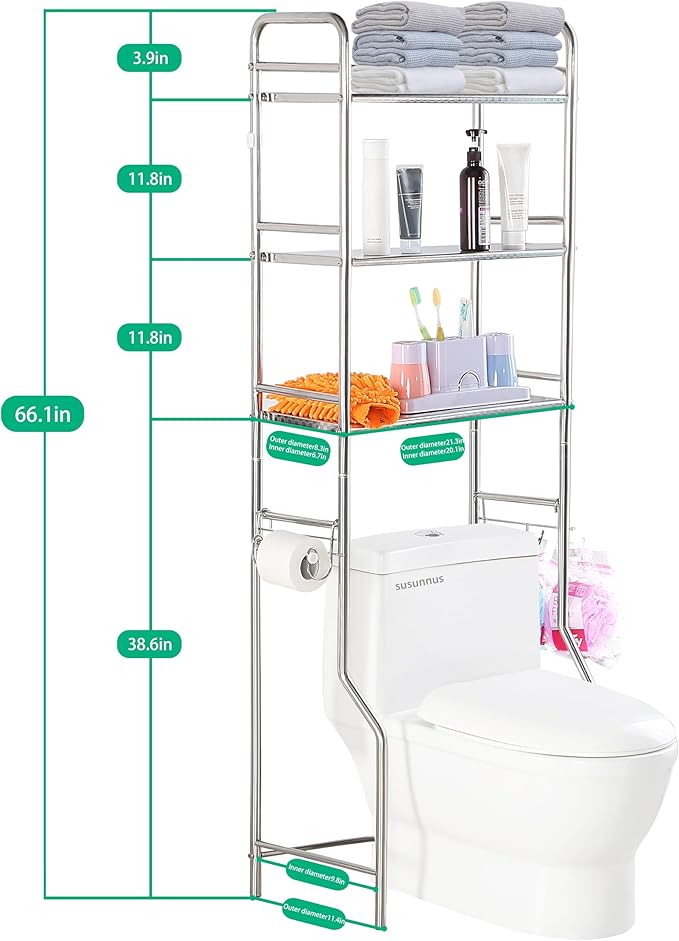 susunnus Over The Toilet Storage 3 Tier S,Bathroom Shelves Over Toilet,Freestanding Space Saver with Toilet Paper Holder,Stainless Steel,Pragmatic, Sturdy,Waterproof,Silver