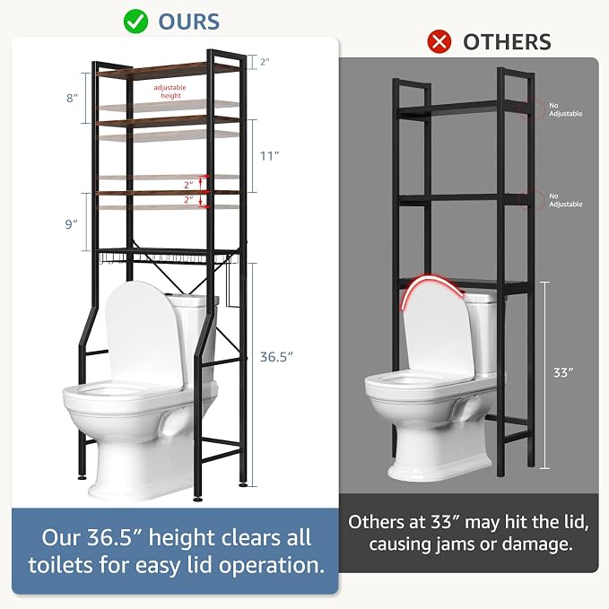 DUMOS Over-The-Toilet Storage Rack, 4-Tier Freestanding Bathroom Organizer Shelf Over Toilets with Adjustable Shelf and Basket, Space Saver Above Toilet Storage Cabinet with 3 Hooks for Rooms, Brown