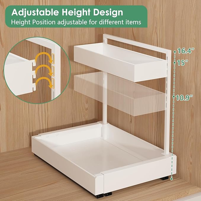 REALINN Expandable Under Sink Organizer with 6-Level Height Adjustment & Expandable Width, Pull-Out Cabinet Storage Rack with Quiet Sliding Rails for Kitchen, Bathroom, Laundry Room Cabinets, White