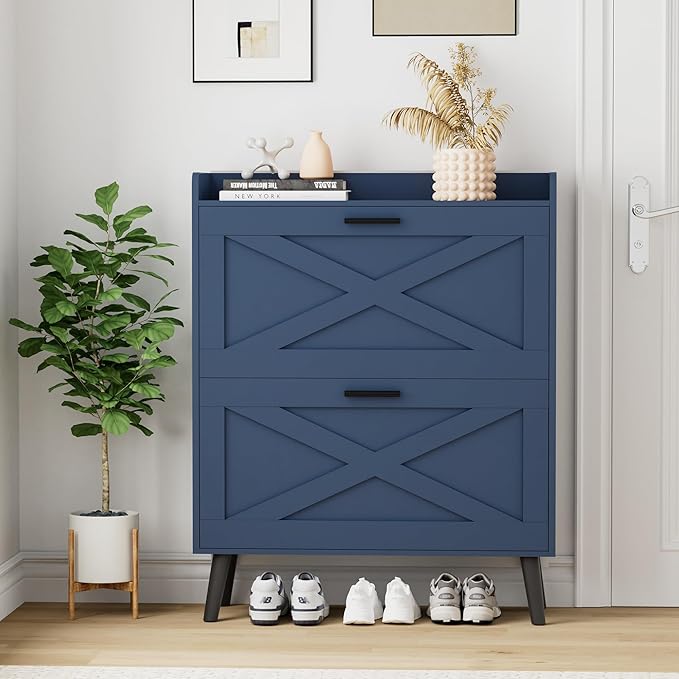 Homleke 32" W Farmhouse Shoe Storage Cabinet with 2 Flip Drawers and Barn Door Design, Adjustable Shelves, Modern Hidden Slim Narrow Shoe Rack Cabinet for Entryway, Foyer, Hallway, Living Room, Blue