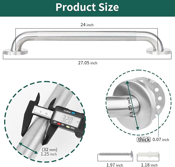 Safety Grab Bars for Bathtubs and Showers, Non Slip 304 Stainless Steel Bathroom Balance Bar, ADA Compliant Shower Handles for Elderly, Handicap, Senior & Children (Brushed Nickel, 24 Inches)