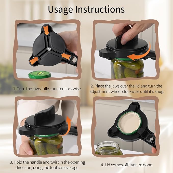 4-in-1 Jar Opener for Seniors with Arthritis – Adjustable Stainless Steel Lid Remover & Can Opener for Weak Hands, Fits All Jar Sizes & Bottle Caps, Makes Opening Easy – Kitchen Must-Have