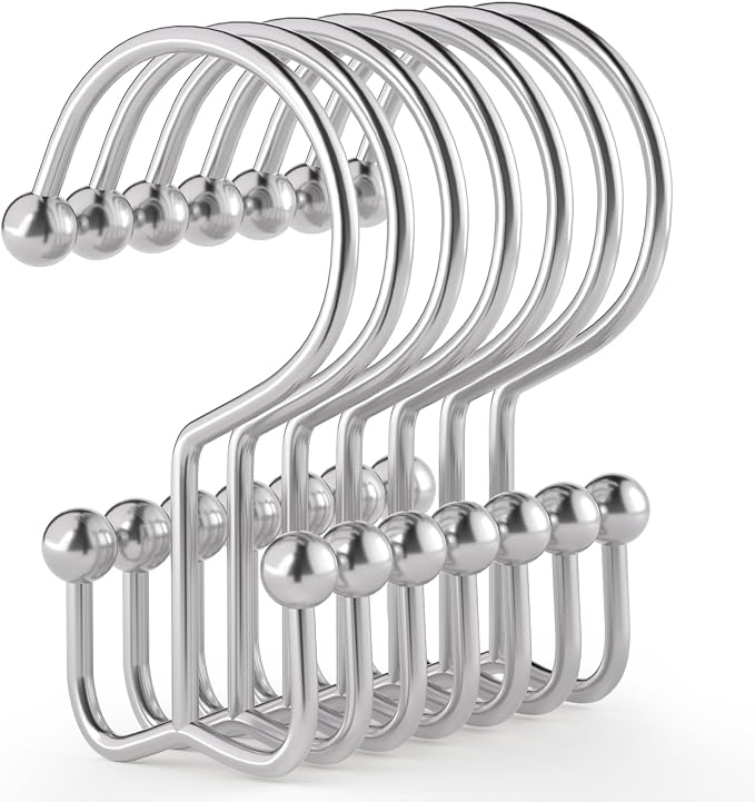 24 Pcs Shower Curtain Hooks, Goowin Shower Curtain Rings, Durable Silver Shower Curtain Hooks Rust Proof, Shower Rings for Curtain, Double Glide Shower Hooks for Shower Curtain Rods, Chrome