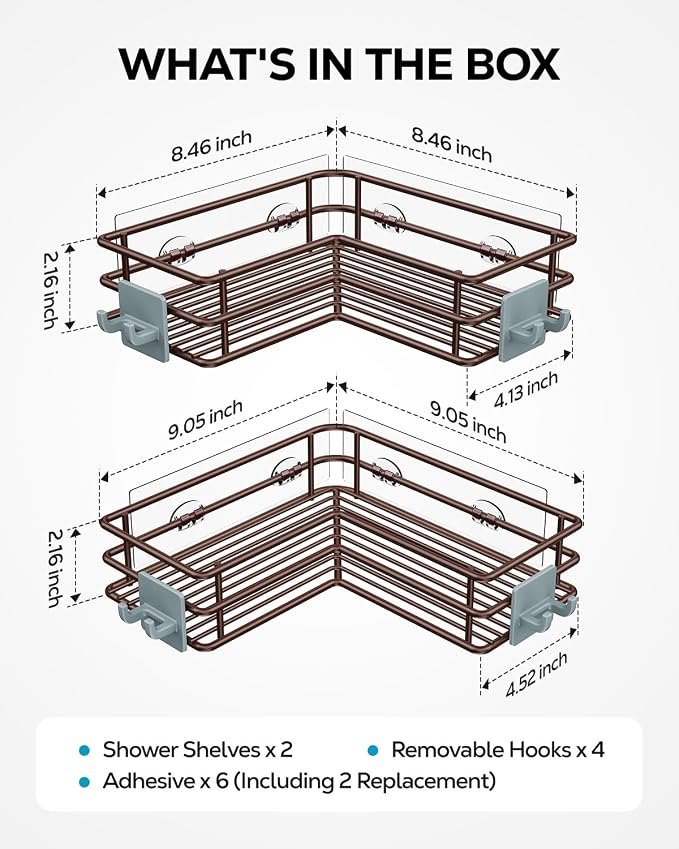 Nieifi Adhesive Corner Shower Caddy Shelf Basket Rack with Hooks, Rust Proof Stainless Steel Bathroom Shelf Shampoo Holder No Drilling (Brown)