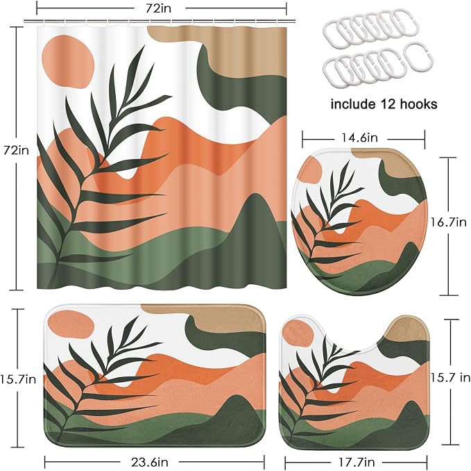 Boho Mid Century Shower Curtain Set with Toilet Lid Cover and Non-Slip Rugs, Abstract Sun Mountain Plants 4 Pcs Modern Shower Curtain for Bathroom Set with 12 Hooks