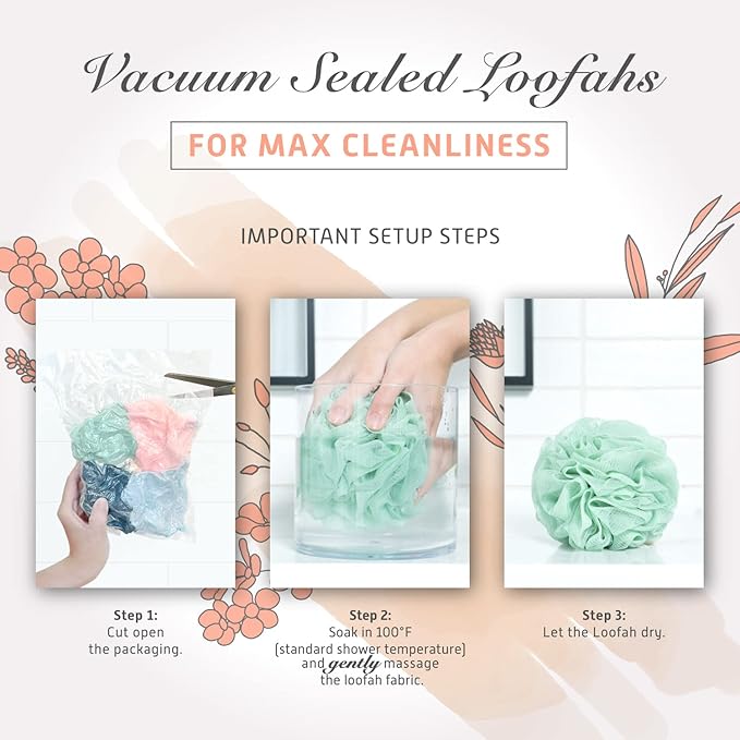 Spongentle Shower Loofah Bath Sponge, Body Scrubber with Soft Mesh, Exfoliating Bath Pouf and Body Wash Sponge for Women and Men, Bath Accessories Cleaning Tool, Large 60g 4 Pack