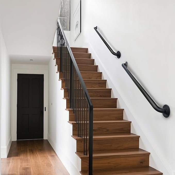 2FT Black Wall Mount Hand Rails for Indoor Stairs, 24 Inch Interior Staircase Handrail, Outdoor Metal Stair Railing for Exterior Steps, Banister Deck Rails,Safety Grab Bar for Elderly