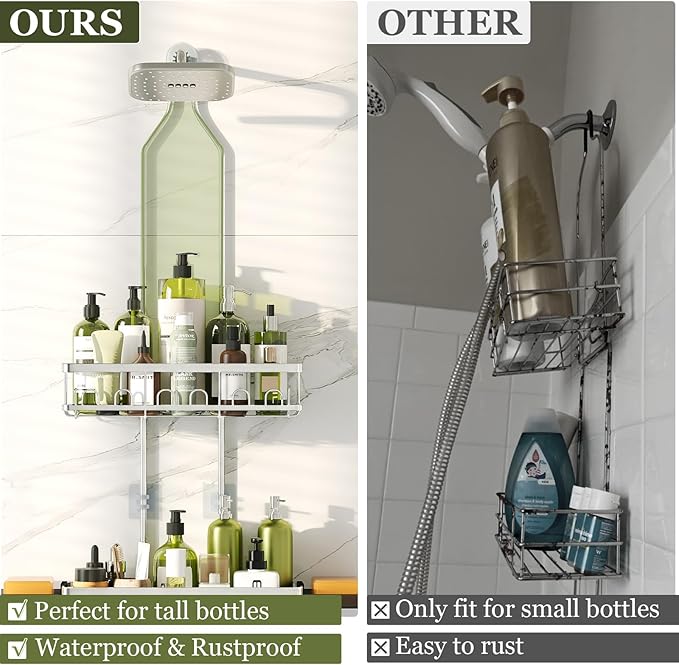 Skyapex Shower Caddy Hanging: Adjustable Height, Rustproof Shelves with Hooks, 2 Soap Holders - Silver Shower Organizer Over Showerhead