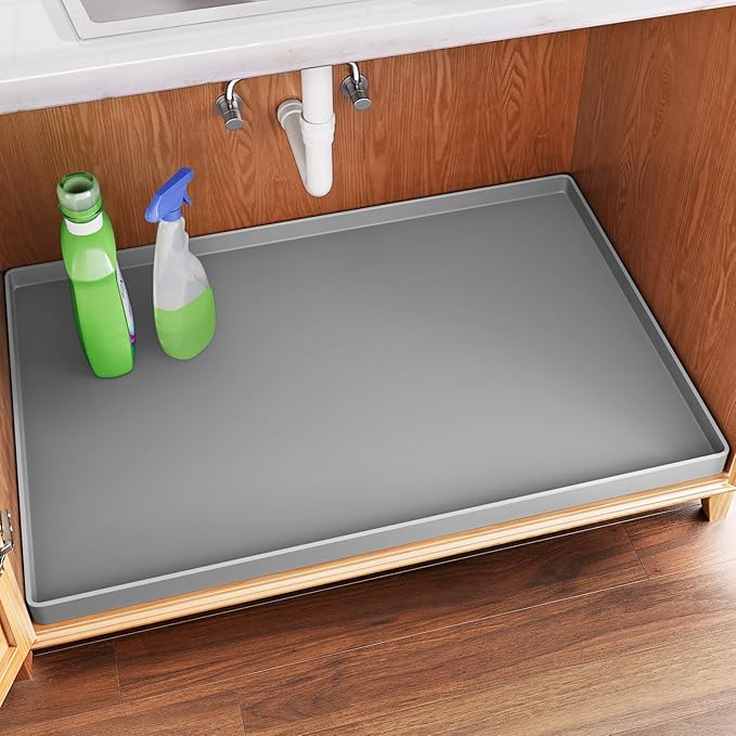 FLATO Waterproof Under Sink Mat 19" x 19" Shelf Liner for Kitchen and Bathroom, Cabinet Protector, Organizers and Storage, Flexible Silicone Drip Tray