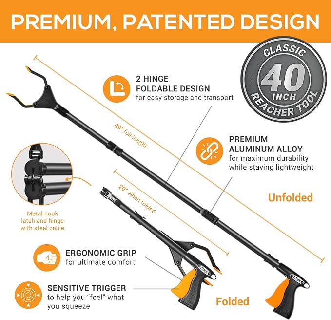 EZPIK Classic 40” Folding Grabber Reacher Tool with Dual Magnets, Heavy Duty Trash Picker Upper Grabber for Seniors & Disabled Users, Aluminum Pickup Tool for Everyday Reaching Aids (Black)