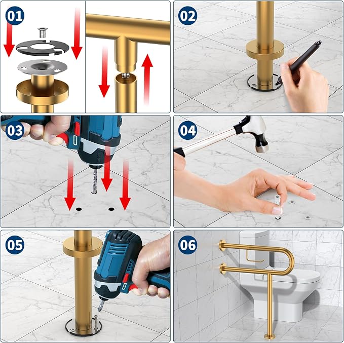 Toilet Grab Bar with Leg 24x28 Inch, ZUEXT Brushed Gold Knurled Toilet Support Bar with Toilet Paper Holder, Stainless Steel Wall & Floor Mounted Bathroom Support Rail for Elderly Disabled Pregnant
