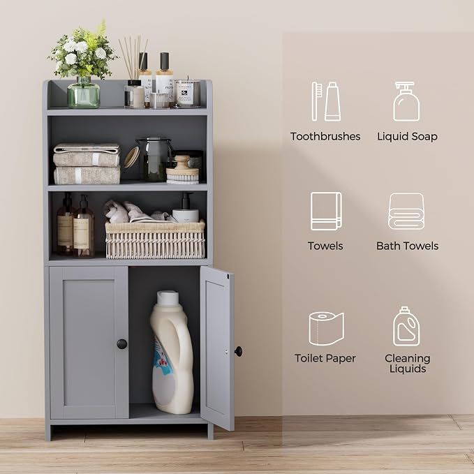 Homhedy Small Bathroom Storage Cabinet, Freestanding Toilet Paper Storage with 2 Doors and Shelves, Bathroom Organizers and Storage for Small Spaces, Laundry Room, 7.9" D x 14.6" W x 31" H, Gray