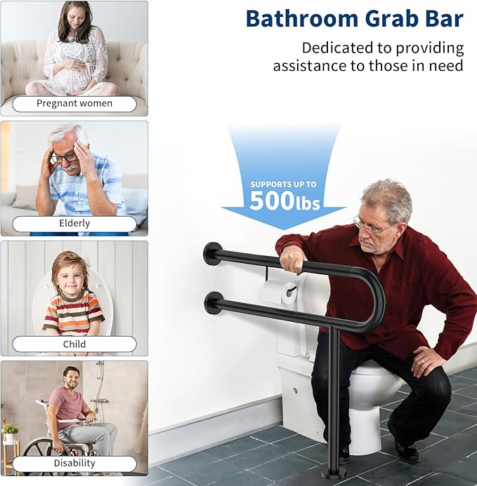 Toilet Support Rail w/Toilet Paper Holder 31.5x28 Inch, ZUEXT Wall to Floor Matte Black Anti-slip Handicap Grab Bar for Bathroom,Stainless Steel Safety handrails with Leg for Elderly Disabled Pregnant