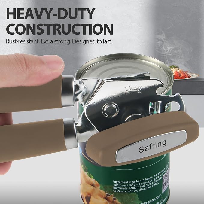 Safring Can Opener Manual, Heavy Duty Handheld Strong Can Opener with Soft Touch Handle, Sharp Blade Smooth Edge, Can Openers with Multifunctional Bottle Opener, Coffee