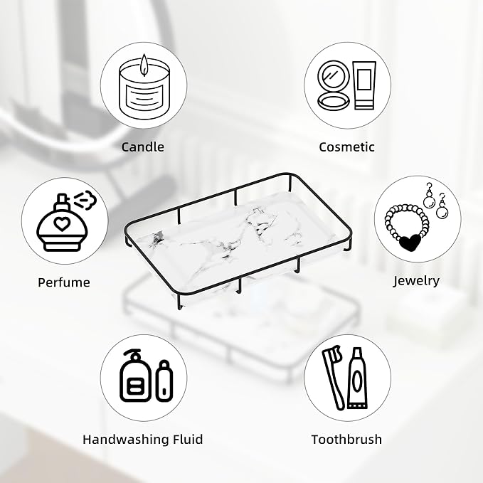 Dobbyby Vanity Tray Makeup Organizer Cosmetics Storage Bathroom Skincare Organizer Countertop Display Rack in Dresser Stainless Steel Shelf Marble Print Ceramic Trays