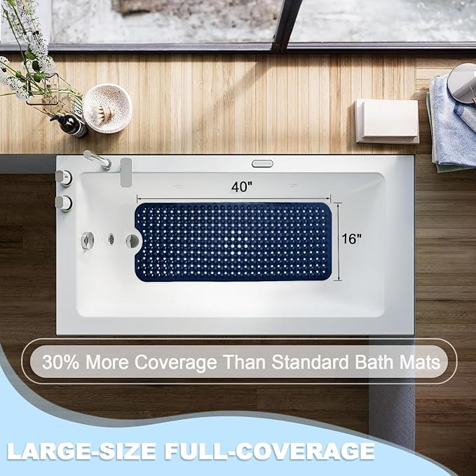 Bathtub and Shower Mats, 40x16 Inch Extra Large Non Slip Soft Bath Tub Mat with Suction Cups and Drain Holes for Bathroom Floor and Keep Tubs Clean, Machine Washable, Navy Blue