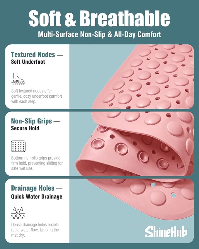 Non Slip TPE Bath Mat, Heavy Non Floating Shower Mat, 28x16, Pink | Strong grip, 166 suctions, 144 drains, 7mm extra-thick cushioned layer, washable, for bathroom shower tub floor