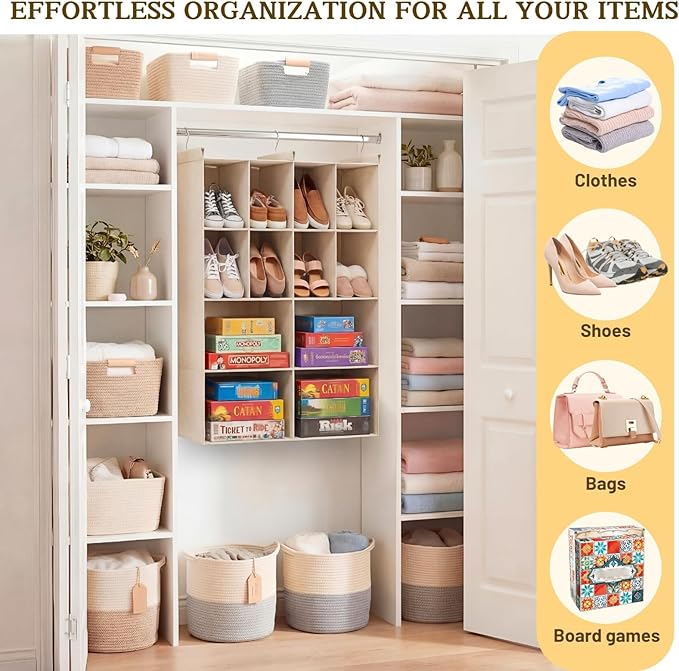 Ofiray-home 4 Tier Hanging Closet Organizer, 12 Compartments Sweater Organizer for Closet with 3 Sturdy Hooks, Closet Organizers and Storage, Wardrobe, Rv, Garment Rack, Beige