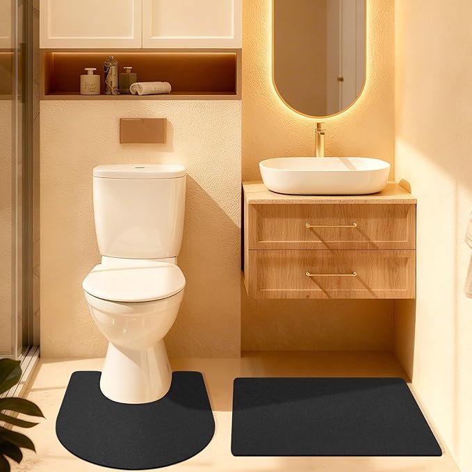 ACCUMTEK Non Slip Bath Mat, Thin Bathroom Rugs Fit Under Door, Quick Dry Bath Mats, Machine Washable Bath Rugs for Bathroom, Bathtub & Kitchen, Bathtub & Kitchen, Black/Solid/2 Piece