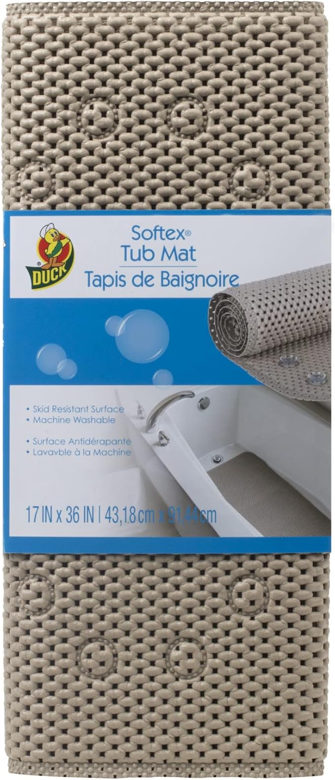 Duck Brand Softex Bath Mat for Tubs, Machine Washable, 17 x 36 Inches, Taupe, Skid Resistant (442097)