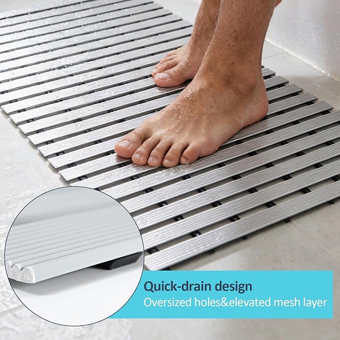 Grey Weighted Non Slip Bathtub Mat Without Suction Cups,Textured TPE Bath Mat for Textured Tub & Shower Surfaces,Doesn't Float, Works on Tile and Stone(33.8”x 17”)