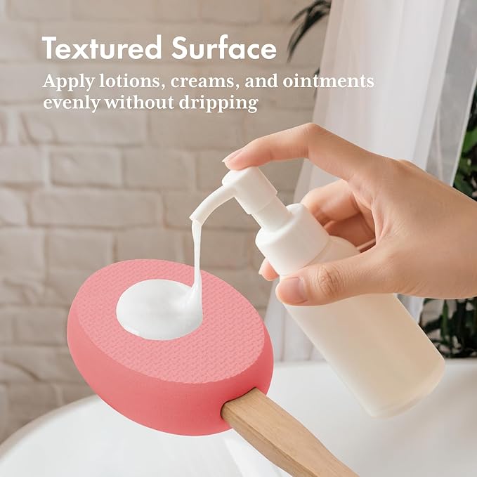 AmazerBath Lotion Applicator for Back, Feet, 4 Replacement Pads with 17" Curved Handle, Back Sunscreen Applicator for Kids, Elderly, Women, Apply Skin Cream Medicine Moisturizer Tanner, Apricot Red