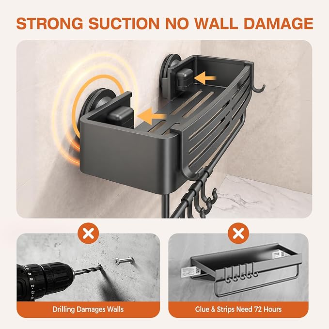 Lekesky Suction Cup Shower Caddy, No Drill Shower Shelves with a Towel Bar, Aluminum Rust Proof Bathroom Shower Organizer with 12 Hooks (2-Pack, Gunmetal Gray)