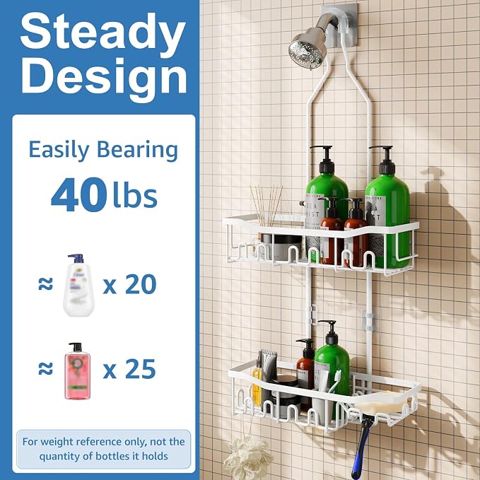 Upgraded Extended Length Shower Organizer with Hooks, Rustproof Shampoo Soap Holder, Large Hanging Bathroom Caddy
