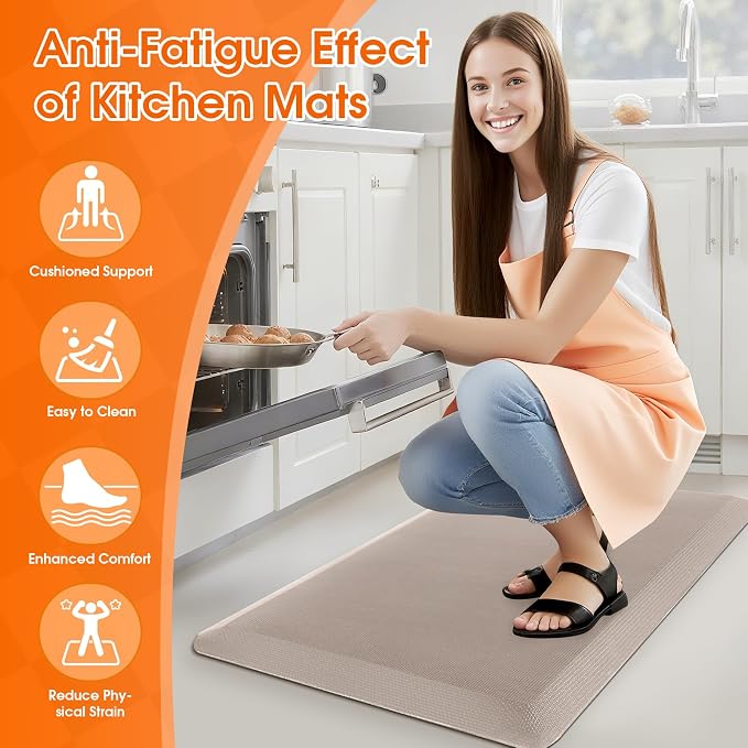 4/5 Inch Thicker Kitchen Mat, Cushioned Thick Floor Comfort Mat, with Non-Slip Bottom, Water & Stain Resistant, Easy Clean Standing Desk Mat for Kitchen, Sink, Office (17.3"x28"x0.8", Khaki)