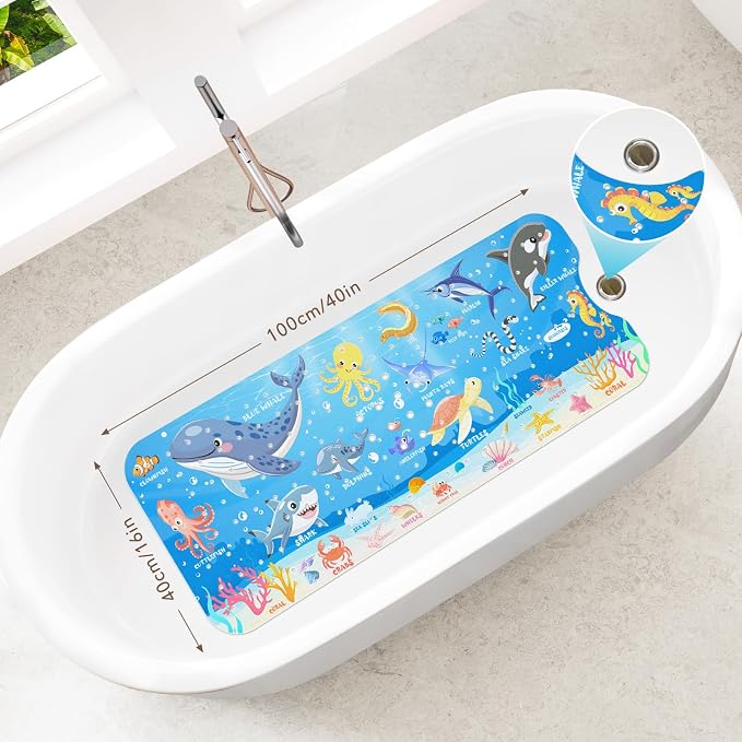 SHUCHING Ocean Animals Bath Mat for Tub Non Slip-40 X 16 Inch, Bathtub Mat Non Slip for Baby Kids, Toddler Long Shower Mat for Bathroom