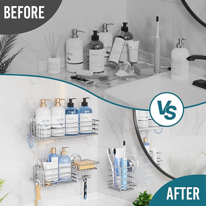 TAILI Shower Caddy Suction Cup, 3 Pack Shelves for Inside with Hooks & Soap Holder Toothbrush Cups, Removable Bathroom Organizer, Rustproof Silver Storage-Silver