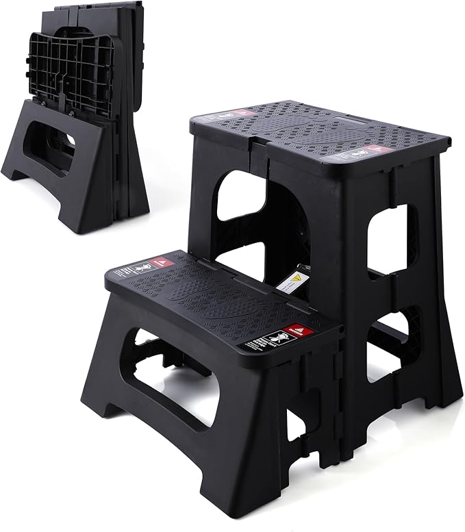 Folding Step Stool, 2-Step 8" 17", Non-Slip, 300lb Capacity | No Assembly, Stable A-Frame, Safety Lock, Anti-Slip Rubber Feet, Collapsible Stool for Kitchen Bathroom Bed RV Offic Garden