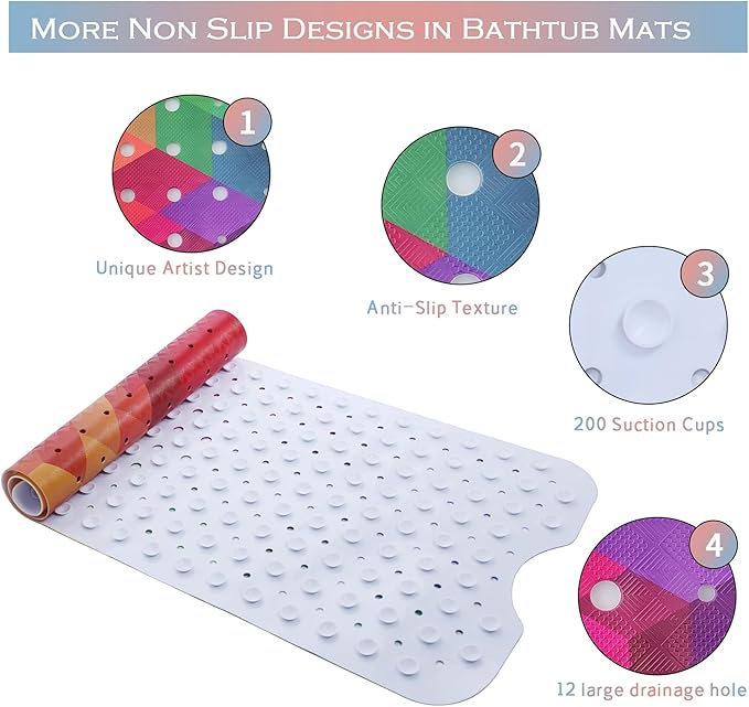Bathtub Mat Non Slip 40x16 Inch Extra Long Bath Mat, Rainbow Shower Mat Non Slip Bath Mat for Tub Anti Slip with Large Drain Holes and Suction Cups, Modern Art Design Bathroom Mat for Bathroom Decor