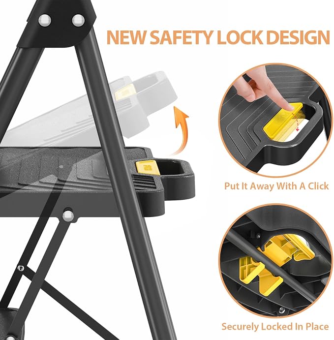 TOOLF Step Ladder, Sturdy Steel Step Stool with Anti-Slip Wide Pedals, Handrail, Safe-Lock Design, Folding Portable Ladder for Multi-Purpose, Home, Kitchen (5 Step Ladder)