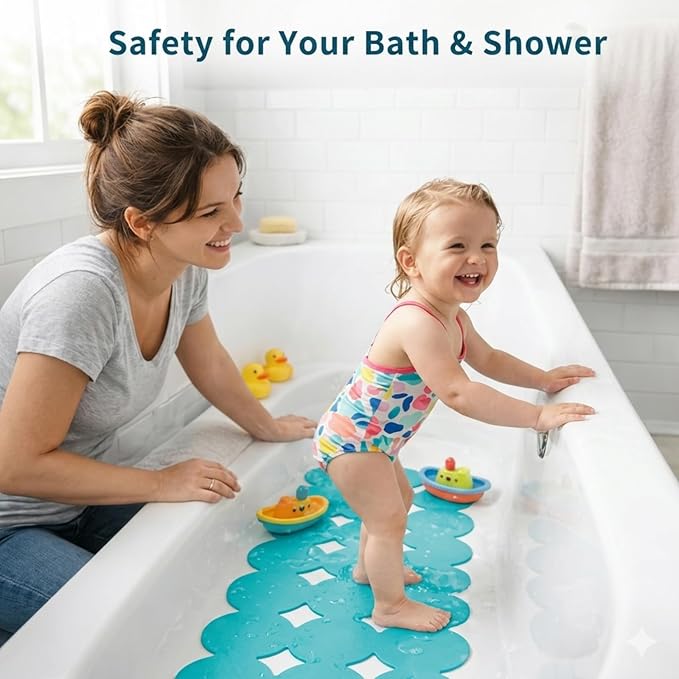 Webos Bathtub Mat Non Slip: Extra Long Rubber Bath Mat for Tub with Strong Suction Cups 15.4" x 37.8" Anti Slip Shower Mat, Big Drain Holes Bathroom Mats for Tub & Shower, Circle-Blue