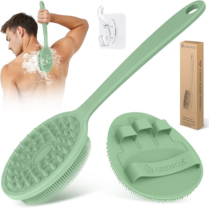 Silicone Back Scrubber & Bath Glove Set 2PCS, 13.4'' Gentle Shower Back Scrubber with Dual-Side Head Non-Slip Handle, 360° Anti-Slip Hand-fit Bath Glove for Rich Foaming Deep Cleaning(Green)