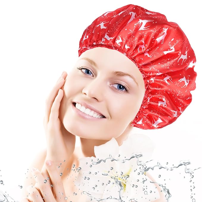 4 PCS Shower Cap for Women, Elastic and Reusable Bath Caps, Double Layers Shower Caps Reusable Waterproof, Bathing Shower Caps, Environmental Bath Hair Protection Cap - Chrismas Pattern